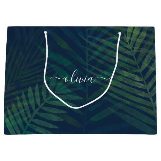 Grand Sac Cadeau Palmiers vert foncé motif feuille (Devant)
