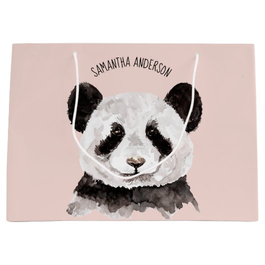 Grand Sac Cadeau Panda Aquarelle Moderne Avec Nom Et Pastel Rose (Devant)
