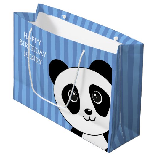 Grand Sac Cadeau Panda Bear avec Bleu Stripes Anniversaire (Devant Angle)