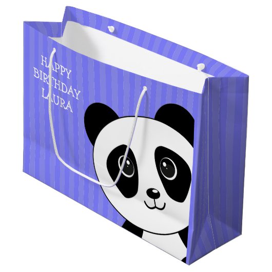 Grand Sac Cadeau Panda Bear avec des rayures violettes Anniversaire (Devant Angle)