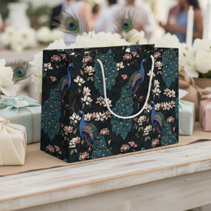 Grand Sac Cadeau Paons et fleurs de magnolia floraux noirs modernes