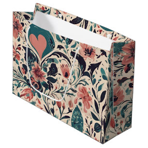 Grand Sac Cadeau Papier d'enveloppement Vintage de coeur florissant
