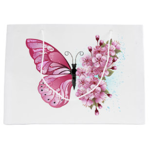 Grand Sac Cadeau Papillon à fleurs avec Sakura rose