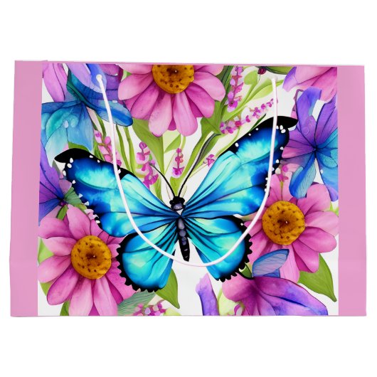 Grand Sac Cadeau Papillon bleu dans un champ de fleurs (Dos)