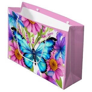 Grand Sac Cadeau Papillon bleu dans un champ de fleurs