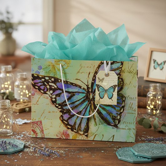 Grand Sac Cadeau papillon turquoise et violet