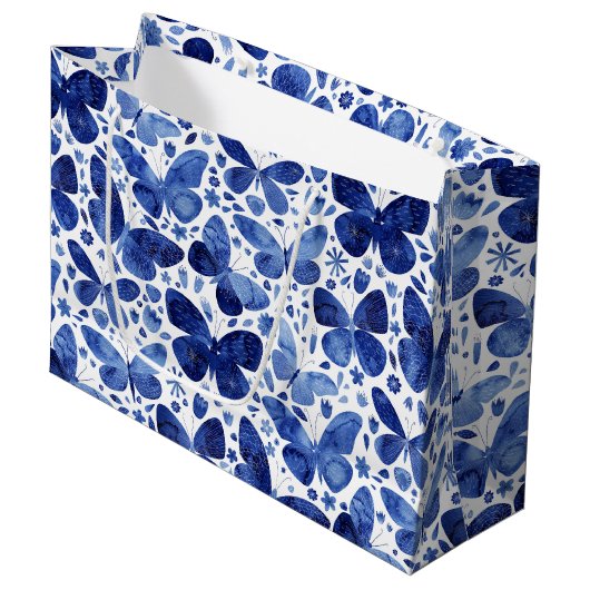 Grand Sac Cadeau Papillons Aquarelle Indigo (Devant Angle)