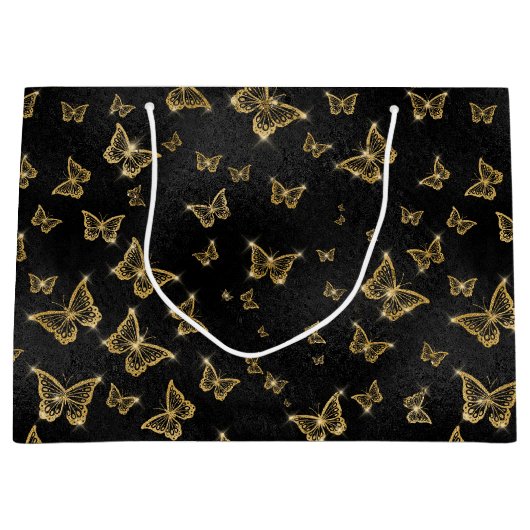 Grand Sac Cadeau Papillons glamés à étincelles d'or (Devant)