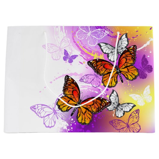 Grand Sac Cadeau Papillons Monarque sur Arrière - plan pourpre (Devant)