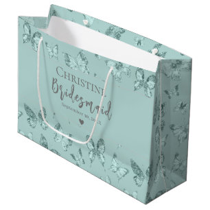 Grand Sac Cadeau Papillons Pastel Vert Menthe Pailleté Luxe