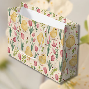 Grand Sac Cadeau Pâques vintage poussins jaunes mignons tulipes rou