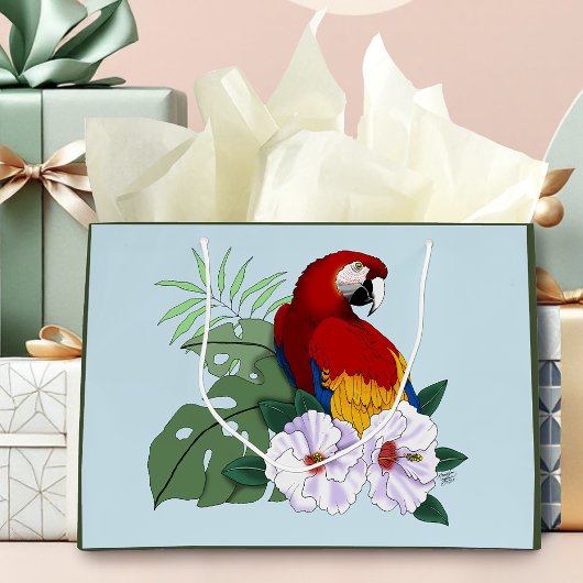 Grand Sac Cadeau Parrot floral rouge Macaw Tropical Bird