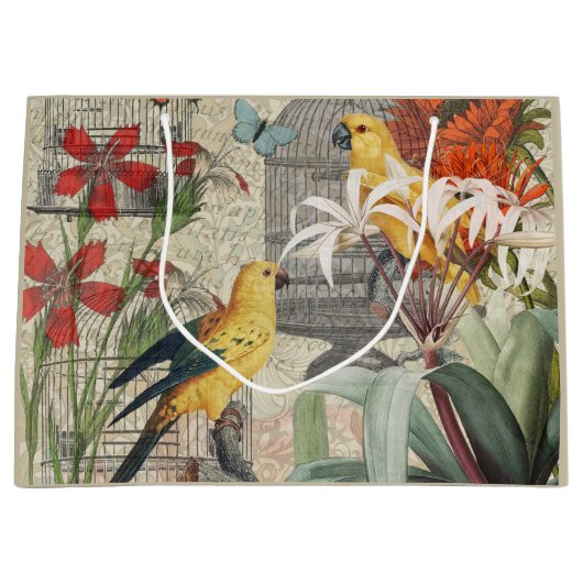 Grand Sac Cadeau Parrot Jaune Tropical Antique Fleur (Devant)