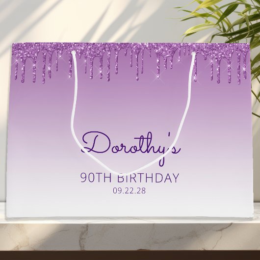 Grand Sac Cadeau Parties scintillant 90e anniversaire violet