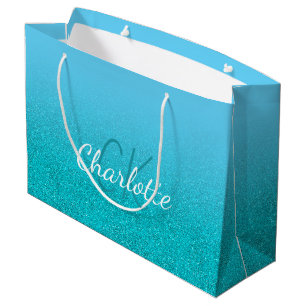 Grand Sac Cadeau parties scintillant bleu turquoise aqua monogramme