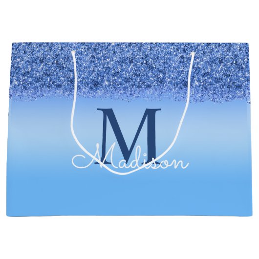 Grand Sac Cadeau Parties scintillant Blue Faux Monogramme Élégant (Devant)