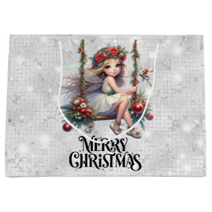 Grand Sac Cadeau Parties scintillant d'argent Fée de Noël