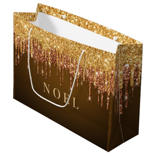 Grand Sac Cadeau Parties scintillant d'or goutte texte personnalisé (Devant Angle)