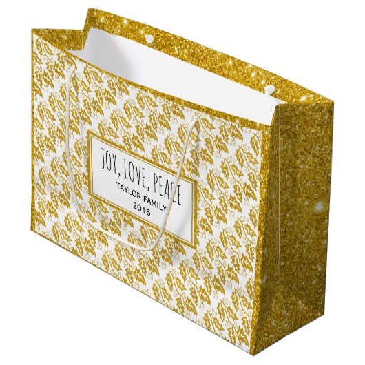 Grand Sac Cadeau Parties scintillant d'or saint baies et texte Joie (Devant Angle)