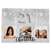 Grand Sac Cadeau Parties scintillant en argent nom photo 21e annive (Dos)