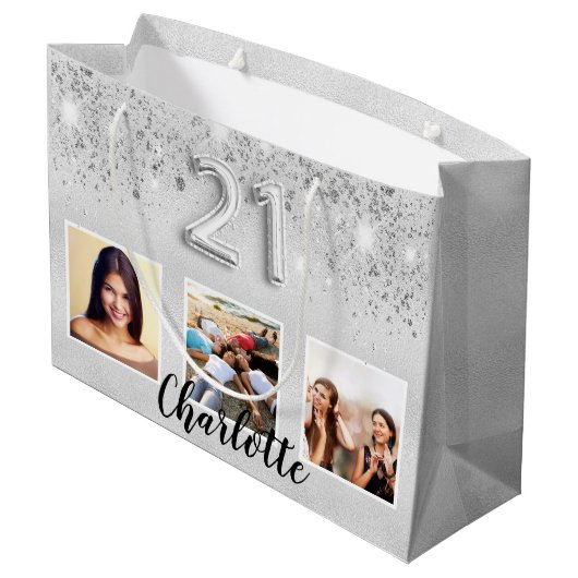 Grand Sac Cadeau Parties scintillant en argent nom photo 21e annive (Dos Angle)