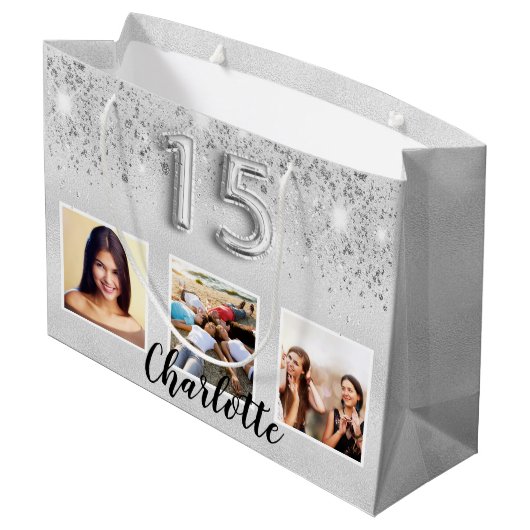 Grand Sac Cadeau Parties scintillant en argent nom photo Quinceaner (Dos Angle)