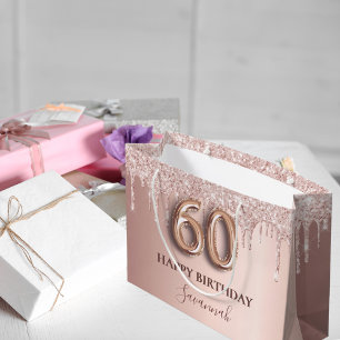 Grand Sac Cadeau parties scintillant en or rose gouttes 60e anniver