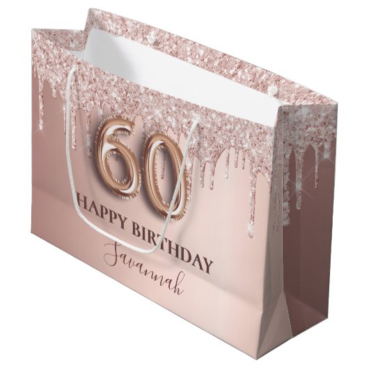 Grand Sac Cadeau parties scintillant en or rose gouttes 60e anniver (Devant Angle)