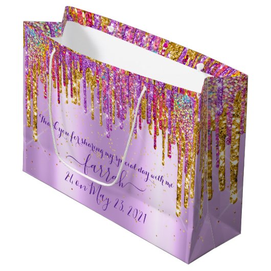 Grand Sac Cadeau Parties scintillant Gold Drip Rose Sweet16e Violet (Devant Angle)