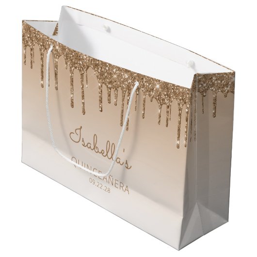Grand Sac Cadeau Parties scintillant goutte or Quinceañera (Devant Angle)