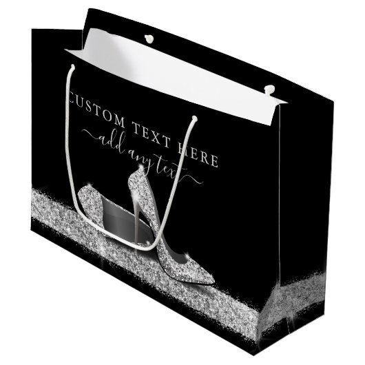 Grand Sac Cadeau Parties scintillant hauts talons Argent Noir Perso (Devant Angle)