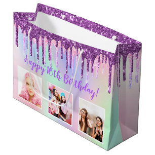 Grand Sac Cadeau Parties scintillant pourpre arc-en-ciel d'annivers