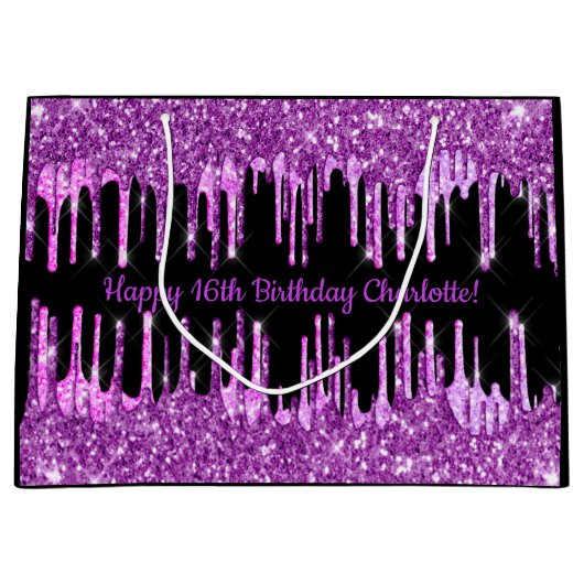 Grand Sac Cadeau Parties scintillant violet d'anniversaire gouttes  (Devant)