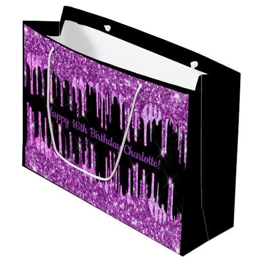 Grand Sac Cadeau Parties scintillant violet d'anniversaire gouttes  (Devant Angle)