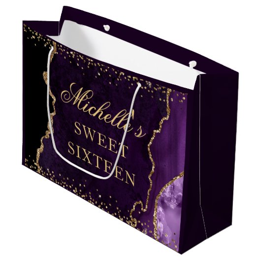 Grand Sac Cadeau Parties scintillant violet et or marbre Agate doux (Devant Angle)