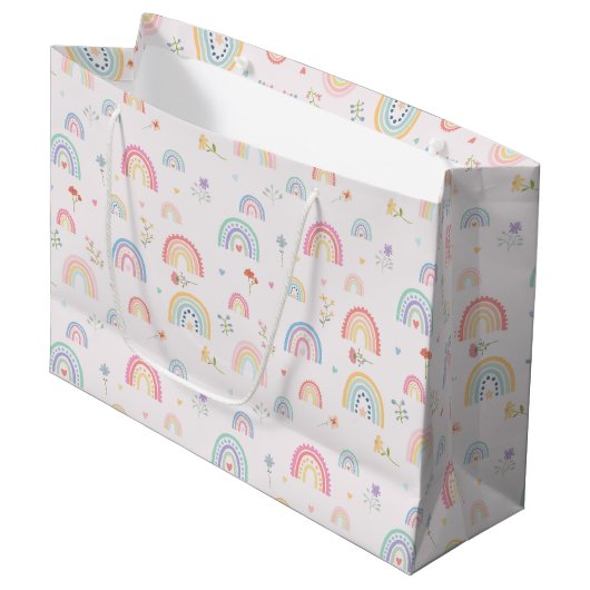 Grand Sac Cadeau Pastel Rainbows Girly Fleurs sauvages & Coeurs (Devant Angle)