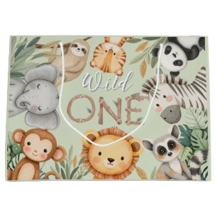 Grand Sac Cadeau Pastel Tropical Wild One Jungle Safari Animaux