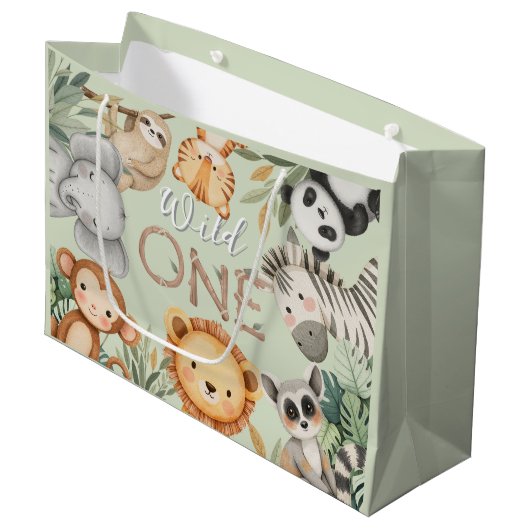 Grand Sac Cadeau Pastel Tropical Wild One Jungle Safari Animaux (Devant Angle)