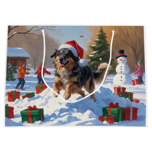 Grand Sac Cadeau Pasteur anatolien Noël Festif Neige (Devant)