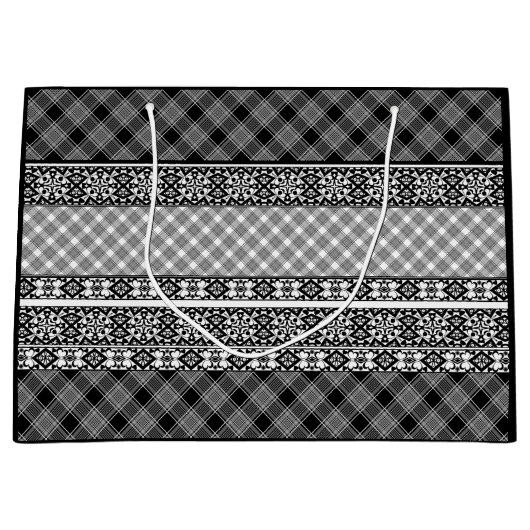 Grand Sac Cadeau Patchwork rayé noir et blanc avec dentelle (Devant)