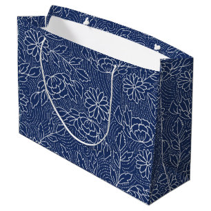 Grand Sac Cadeau Patte de fleurs japonaises traditionnelles blanche