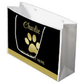 Grand Sac Cadeau Paw chien brillant or sur arrière - plan noir (Devant Angle)