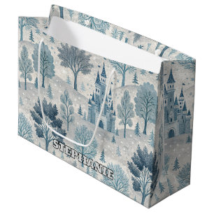 Grand Sac Cadeau Paysage du château d'hiver en bleu et gris