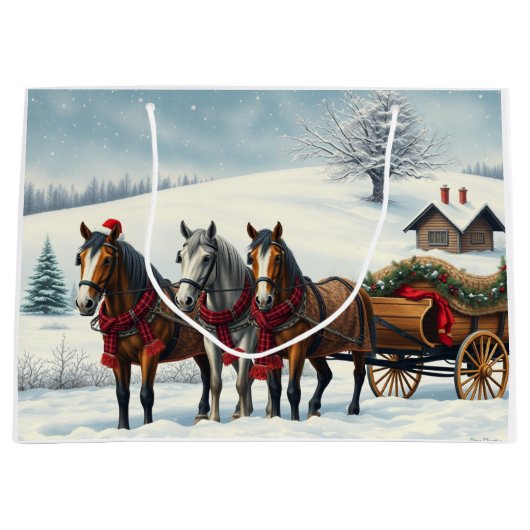 Grand Sac Cadeau Paysage hivernal avec chevaux et Cabine (Devant)