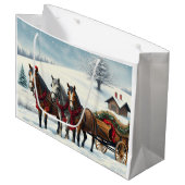 Grand Sac Cadeau Paysage hivernal avec chevaux et Cabine (Devant Angle)
