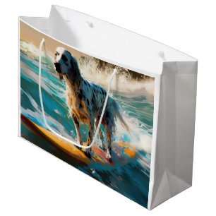 Grand Sac Cadeau Peinture de Surf sur la Plage avec Setter Anglais