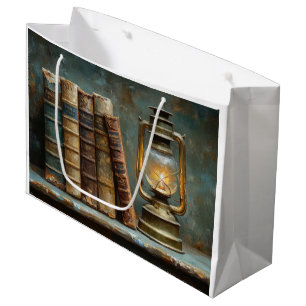 Grand Sac Cadeau Peinture d'une pile de livres anciens bibliothèque