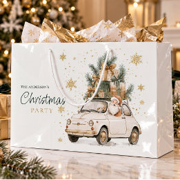 Grand Sac Cadeau Père Noël aquarelle élégant Voiture Neige Fête de 
