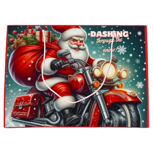 Grand Sac Cadeau Père Noël en moto (Devant)