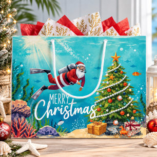 Grand Sac Cadeau Père Noël en plongée Noël sous-marin Fêtes de fin